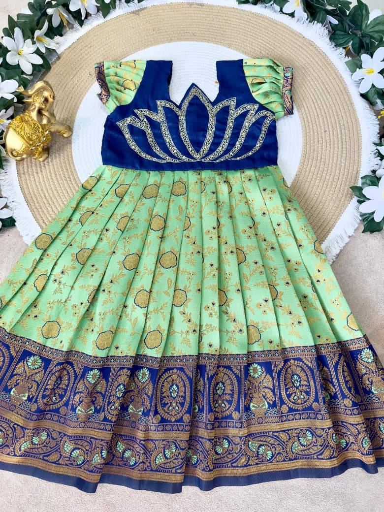 Lotus Frock Jaquard Silk Green Wholesale children boutique clothing
